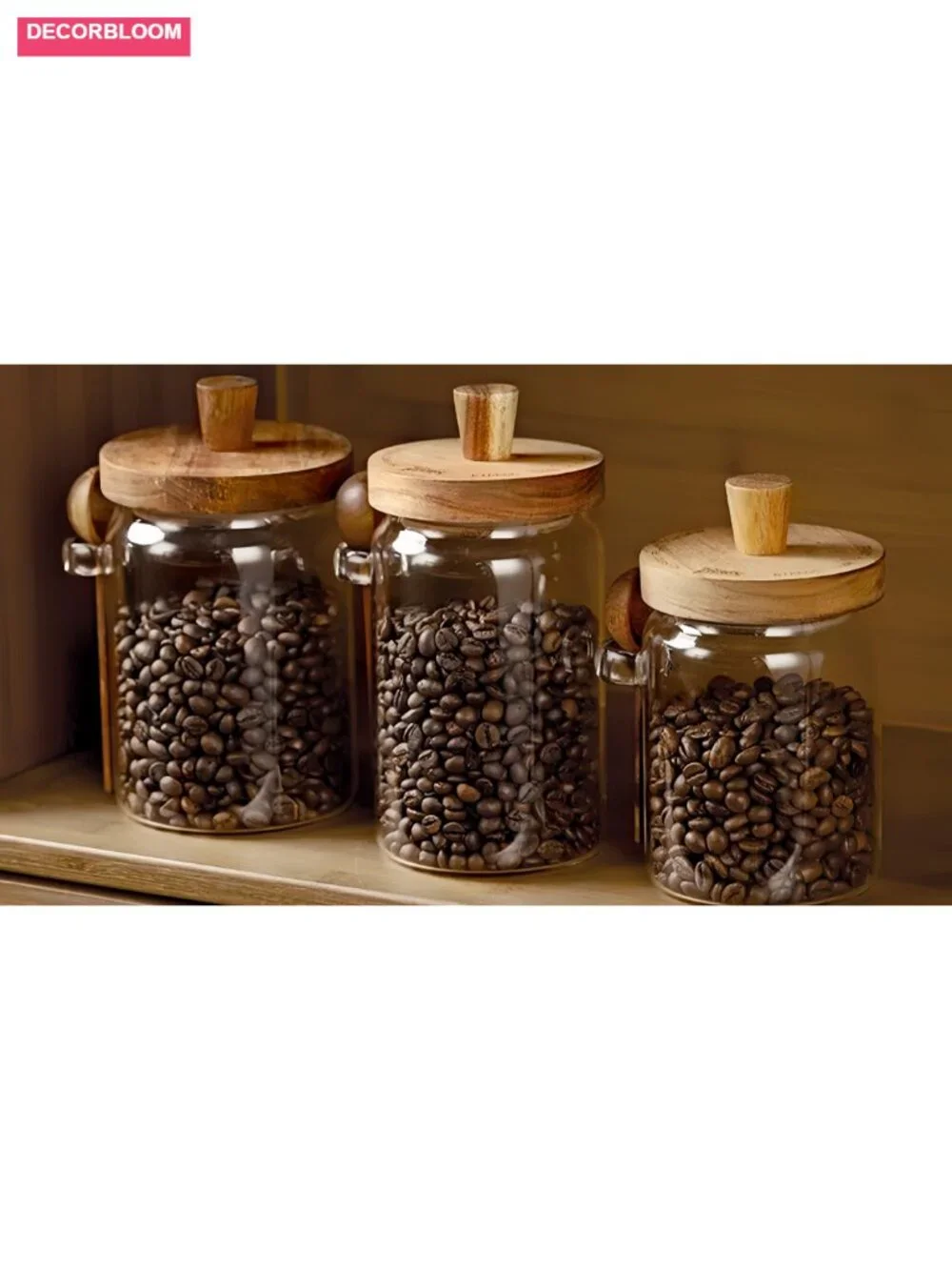Set of 2 Glass Food Storage Jars with Wooden Lid and Spoons, 20.3oz Kitchen